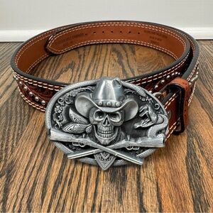 Ranger Belt Company studded and tooled brown leather belt with belt buckle 40